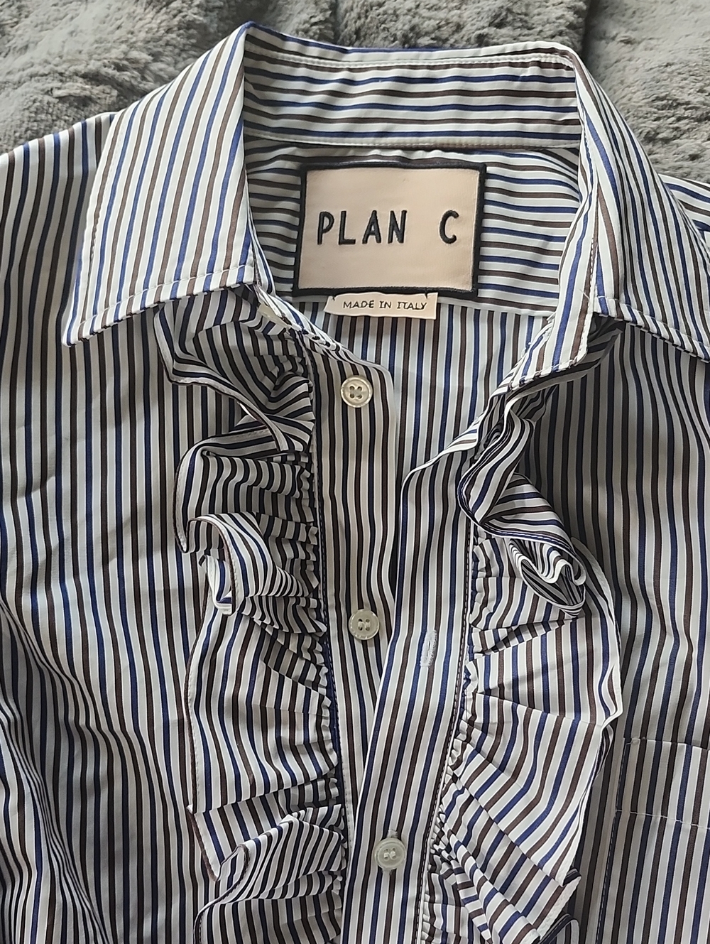 Blue and White Striped Ruffle Button-Down Shirt